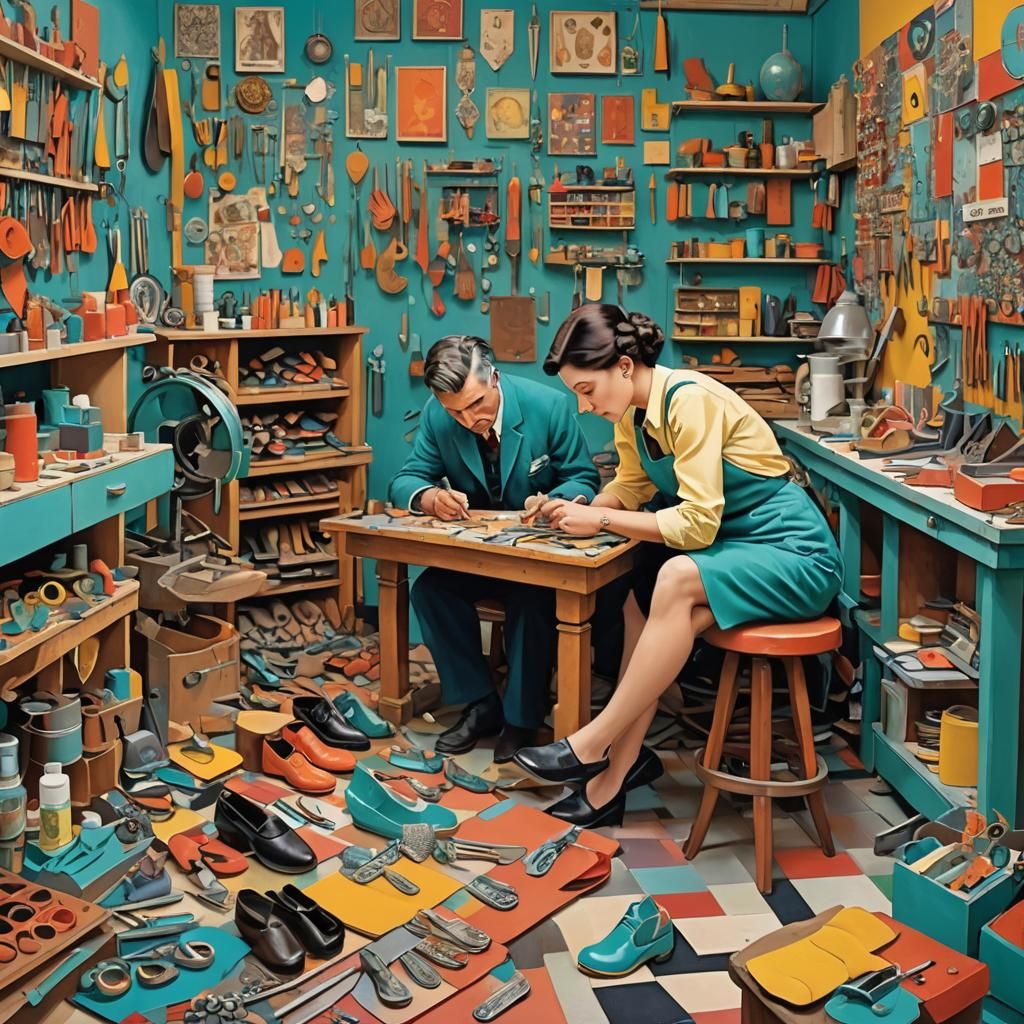 Cobbler and Apprentice Create Shoes in Bauhaus Style