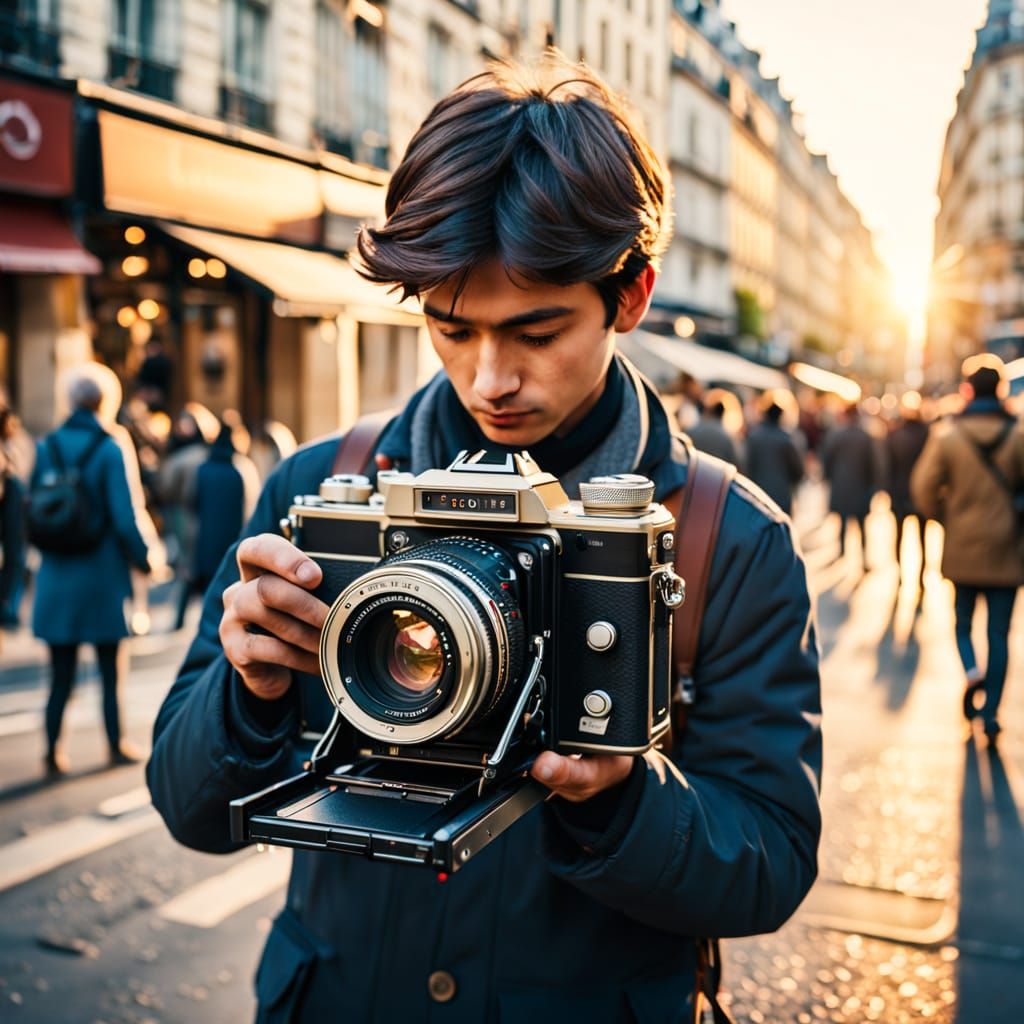 Street Photographer at Work in Film Grain Style