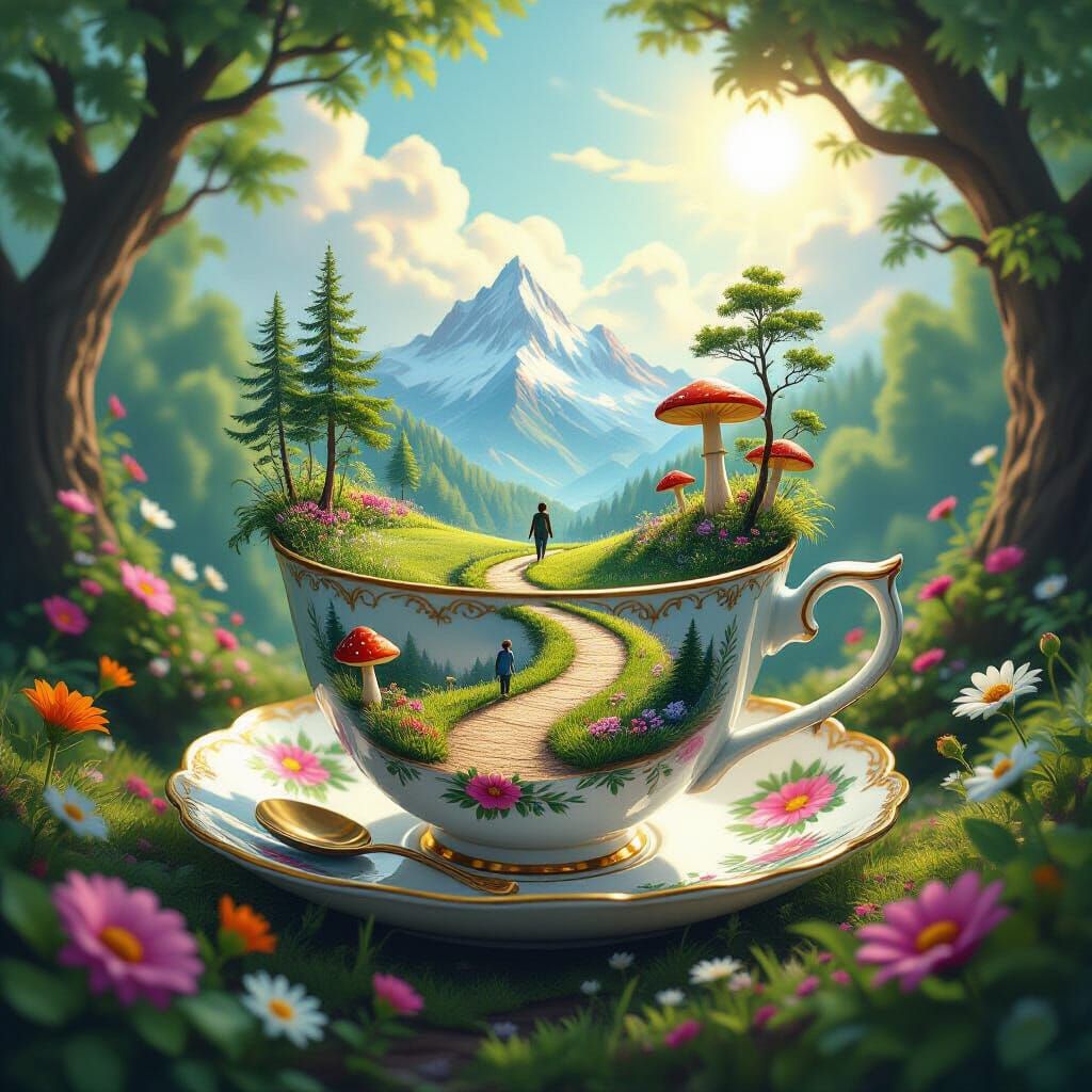 Whimsical Teacup World Illustration with Miniature Landscape