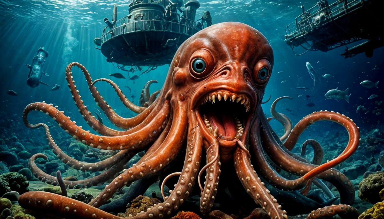 Giant Squid Attacks Submarine: Dynamic Photorealistic Image