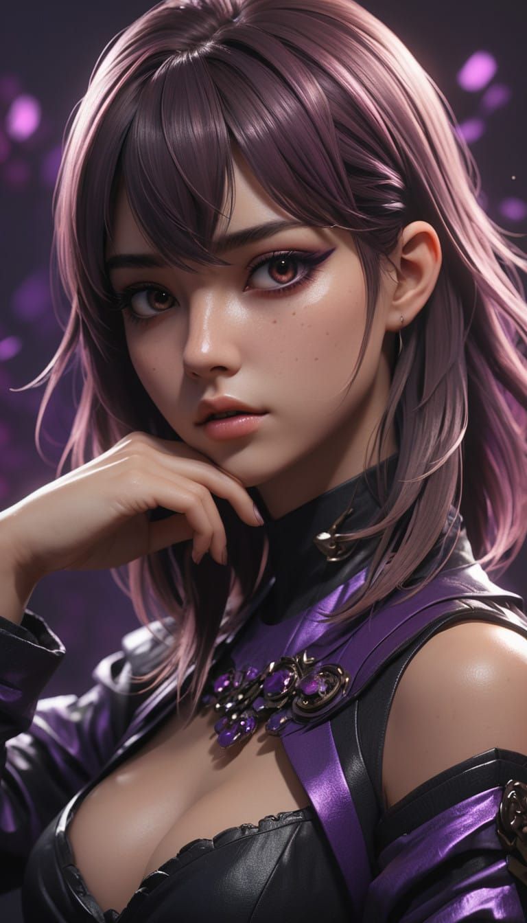 Haunting Anime Girl in Dark Plum Purple Background