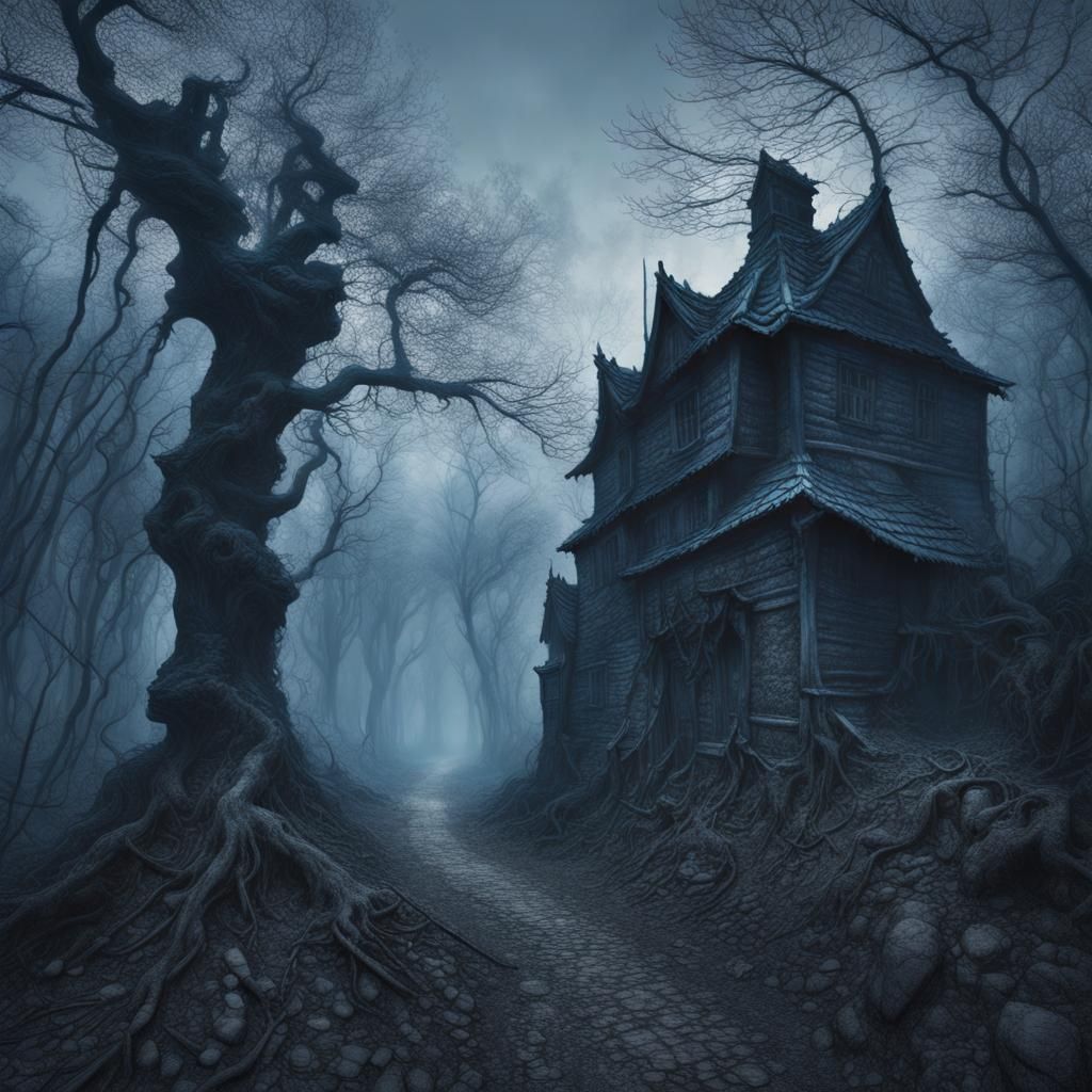 Eerie Forest Village in Double Exposure Style