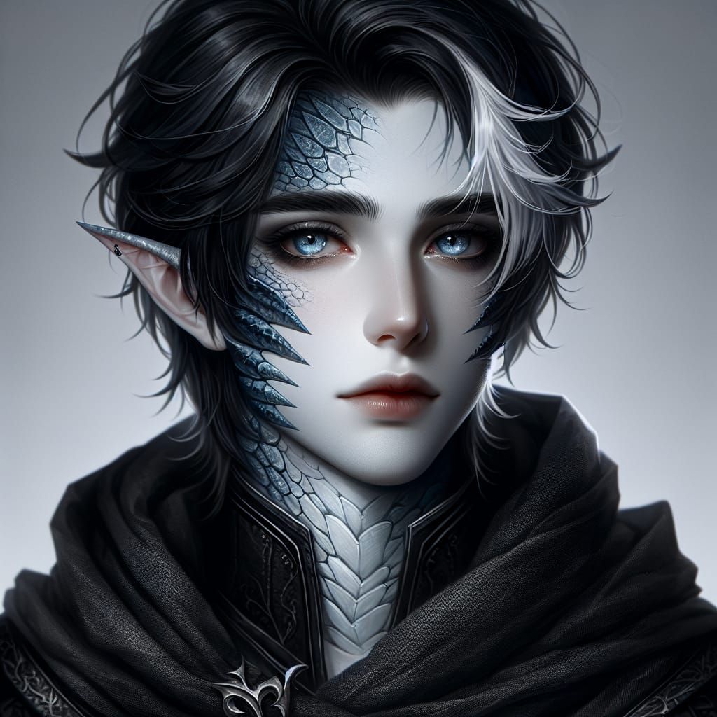 Melancholic Half-Elf with Dragon Scales, High Fantasy Art