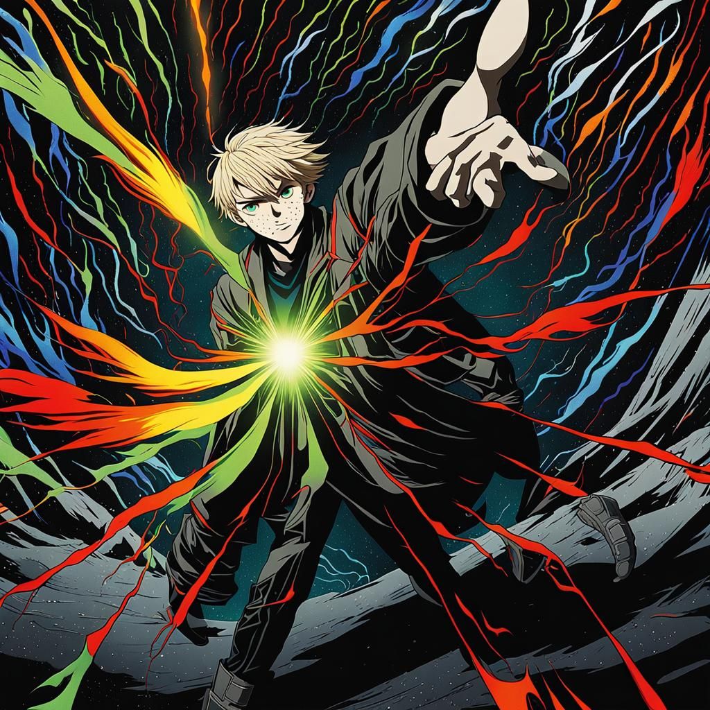 Boy in Anime Art Style, Emerging from Dark Energy