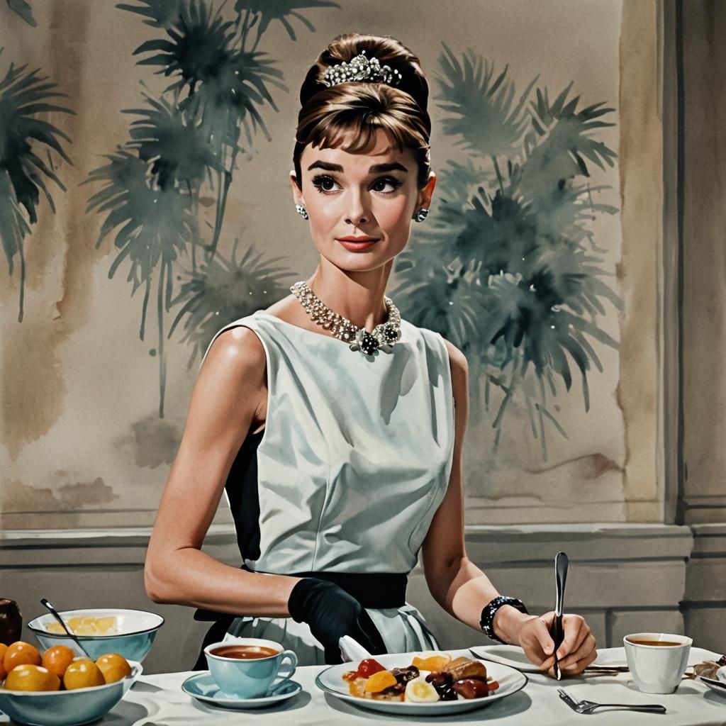Audrey Hepburn in Watercolor Style Film Still