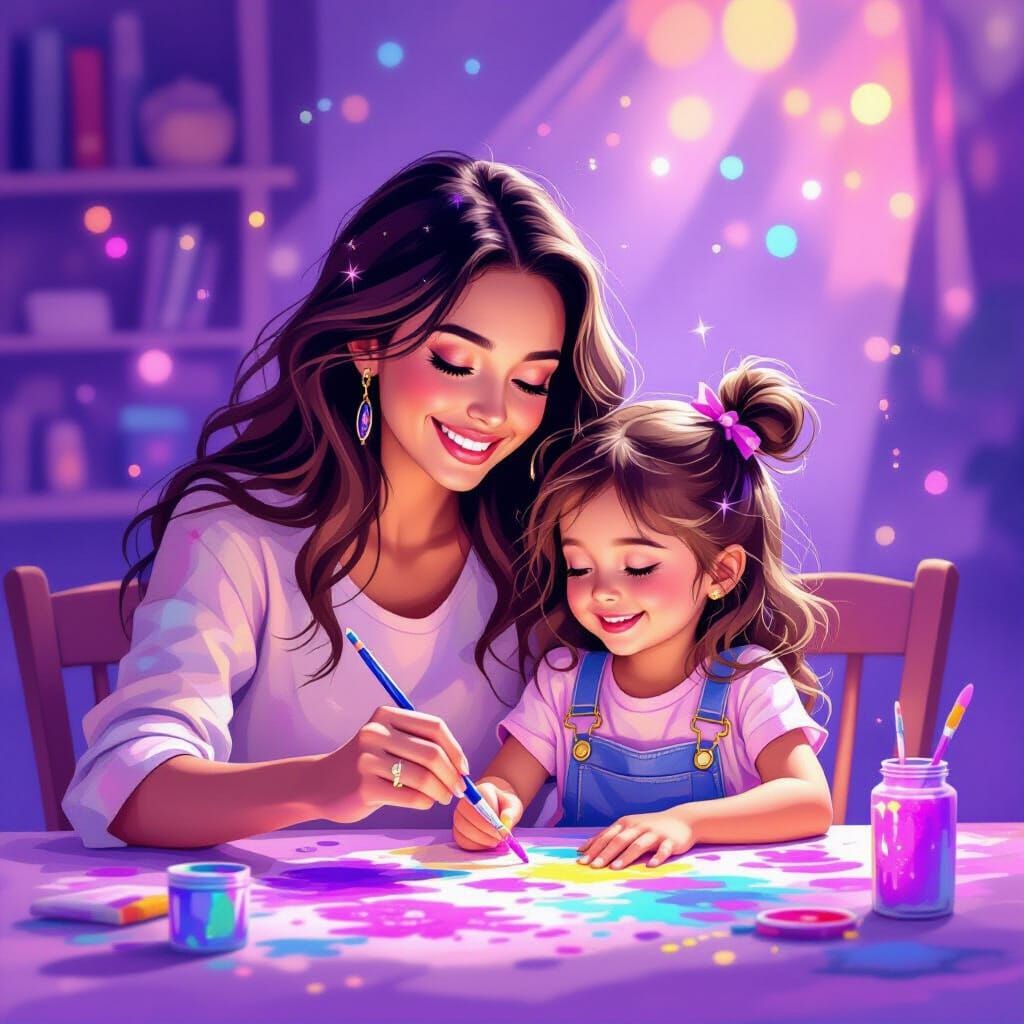 Mother Daughter Painting with Glitter in Purple Light