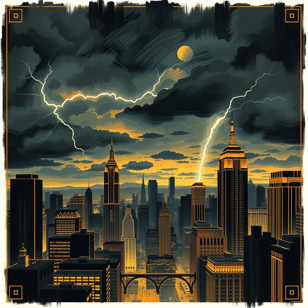 Art Deco Cityscape with Gold Accents and Lightning