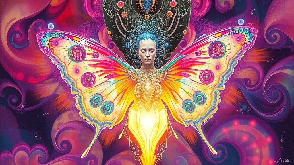 "Chrysalis" by Android Jones is a stunning, art print that embodies his signature blend of translucent spirituality, tec...