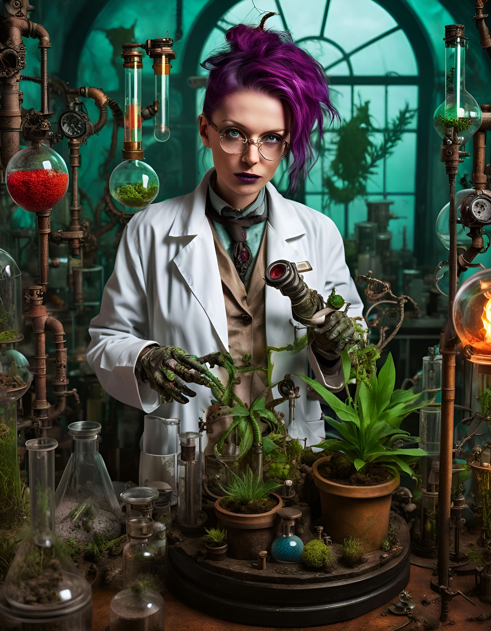 Steampunk Plant Biologist in Mad Scientist Lab