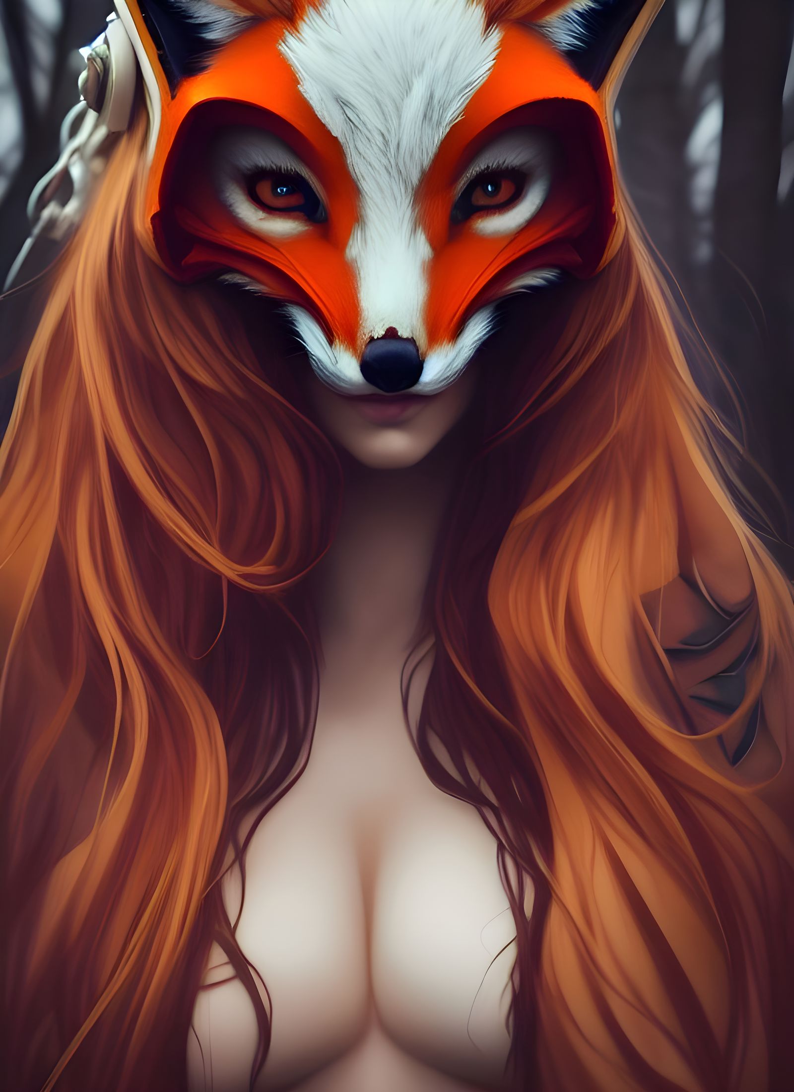 Fox Masked Woman with Red Hair, Digital Illustration