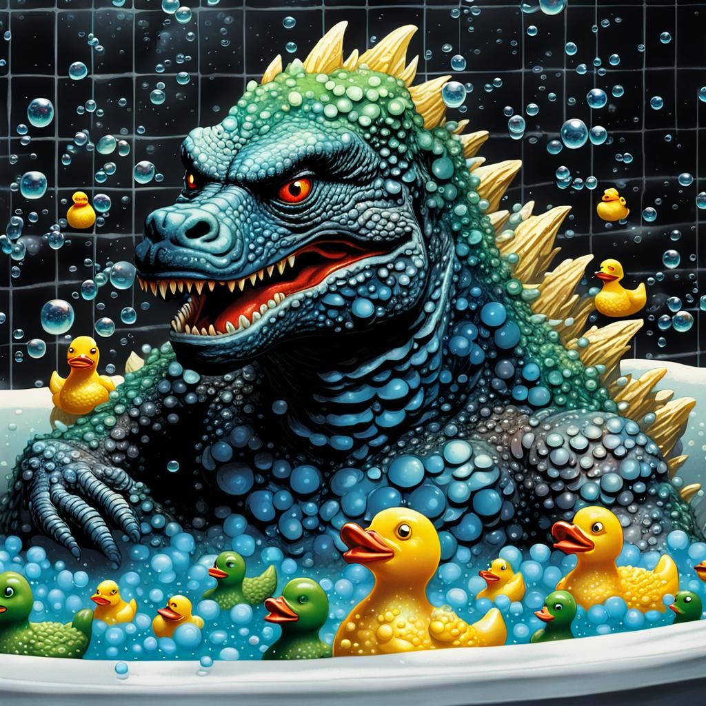 Godzilla's Confusing Bathtime: A Comic Book Scene