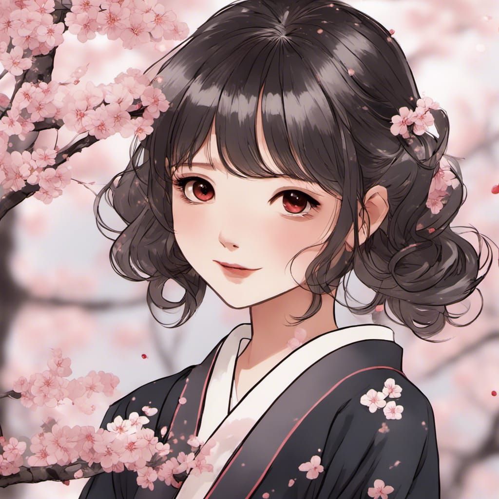 Charming Japanese Girl in Kimono with Cherry Blossoms