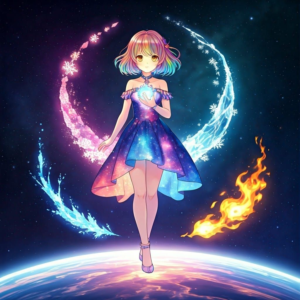 Cosmic Goddess with Rainbow Hair in Manga Style