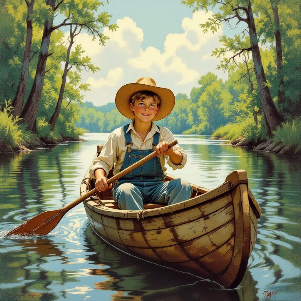 Boy's River Adventure in Americana Illustration Style