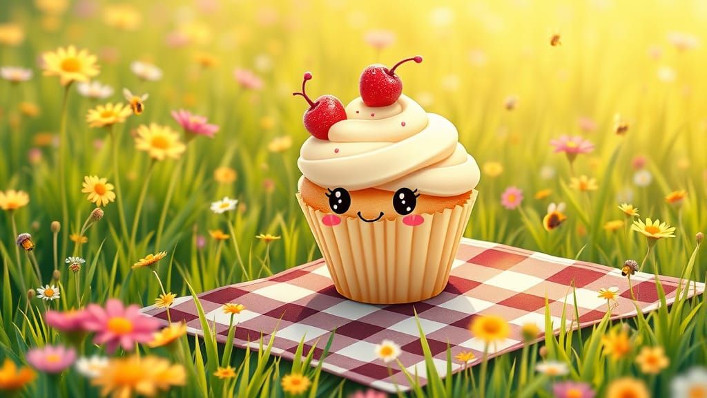Cute Cupcake Character in Lush Meadow, Kawaii Style