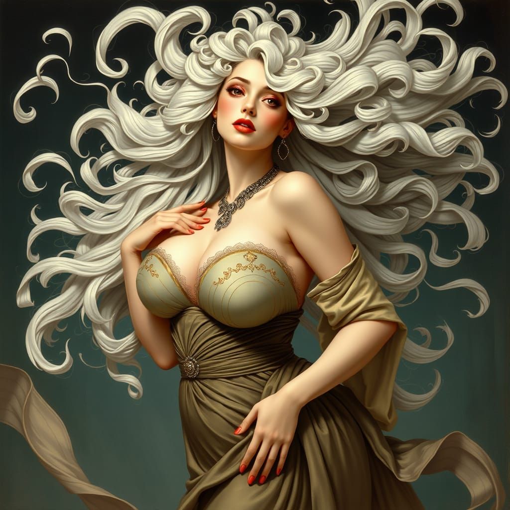 Sicilian Woman with Flowing White Curls in Art Nouveau Style