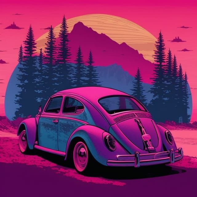 VW Bug: A Retrowave Pop Art Mountain Scene