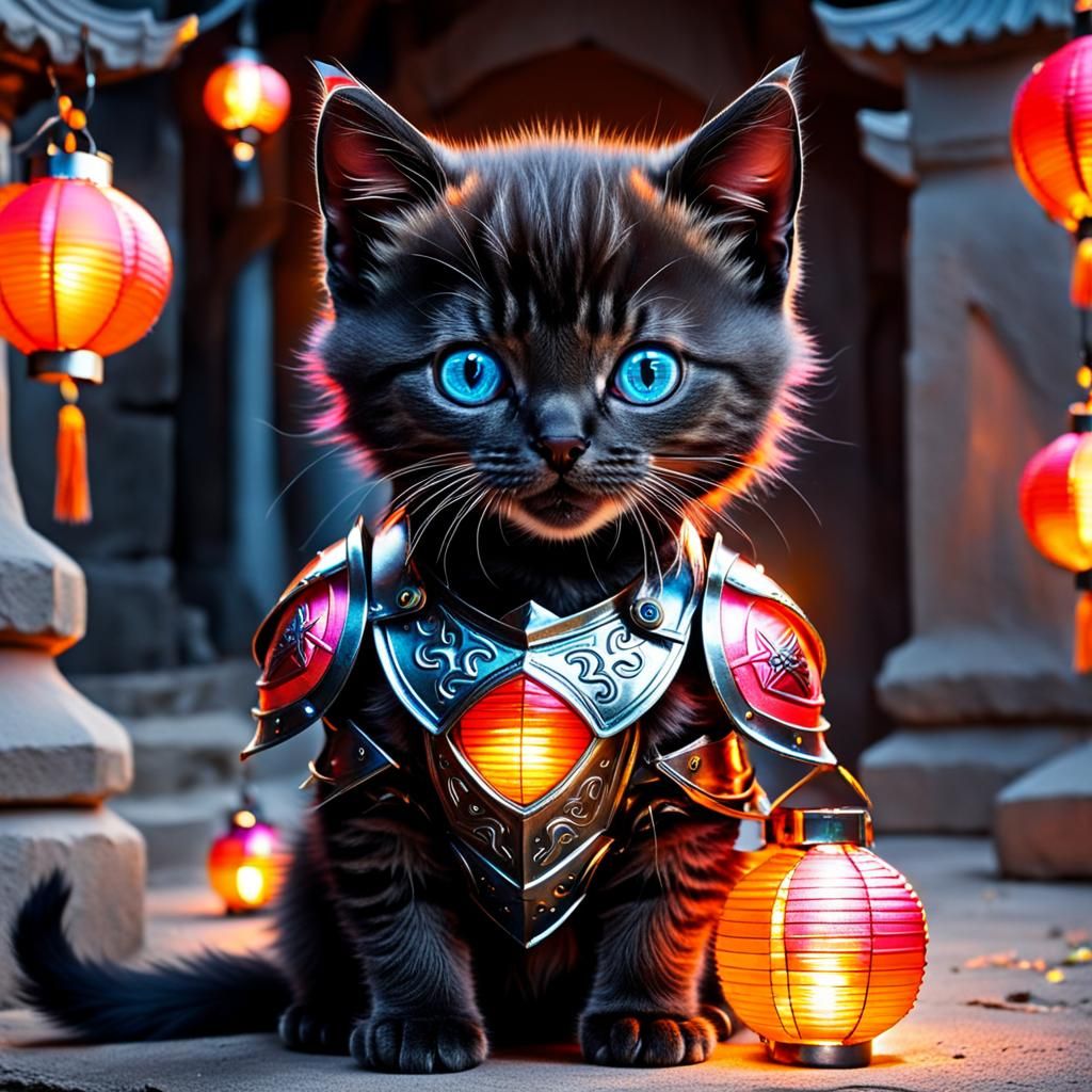 Armored Kitten with Blue Eyes at Night