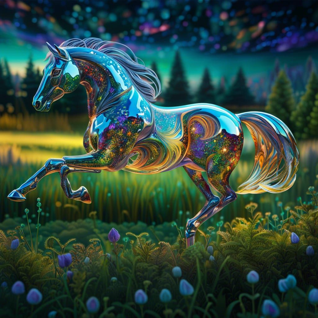 Glass Horse Galloping: Holographic Astral Illustration