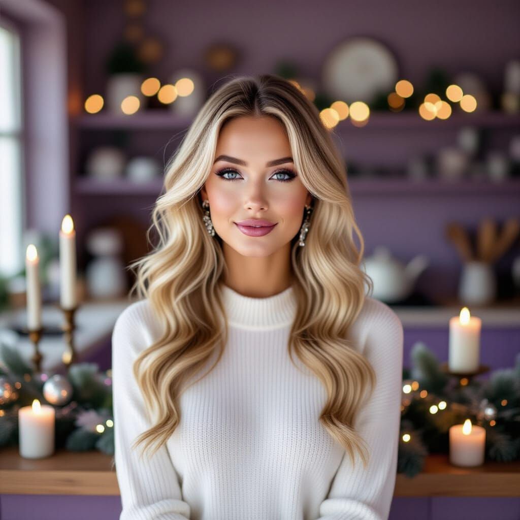 Beautiful blonde woman with long soft waves and radiant make...