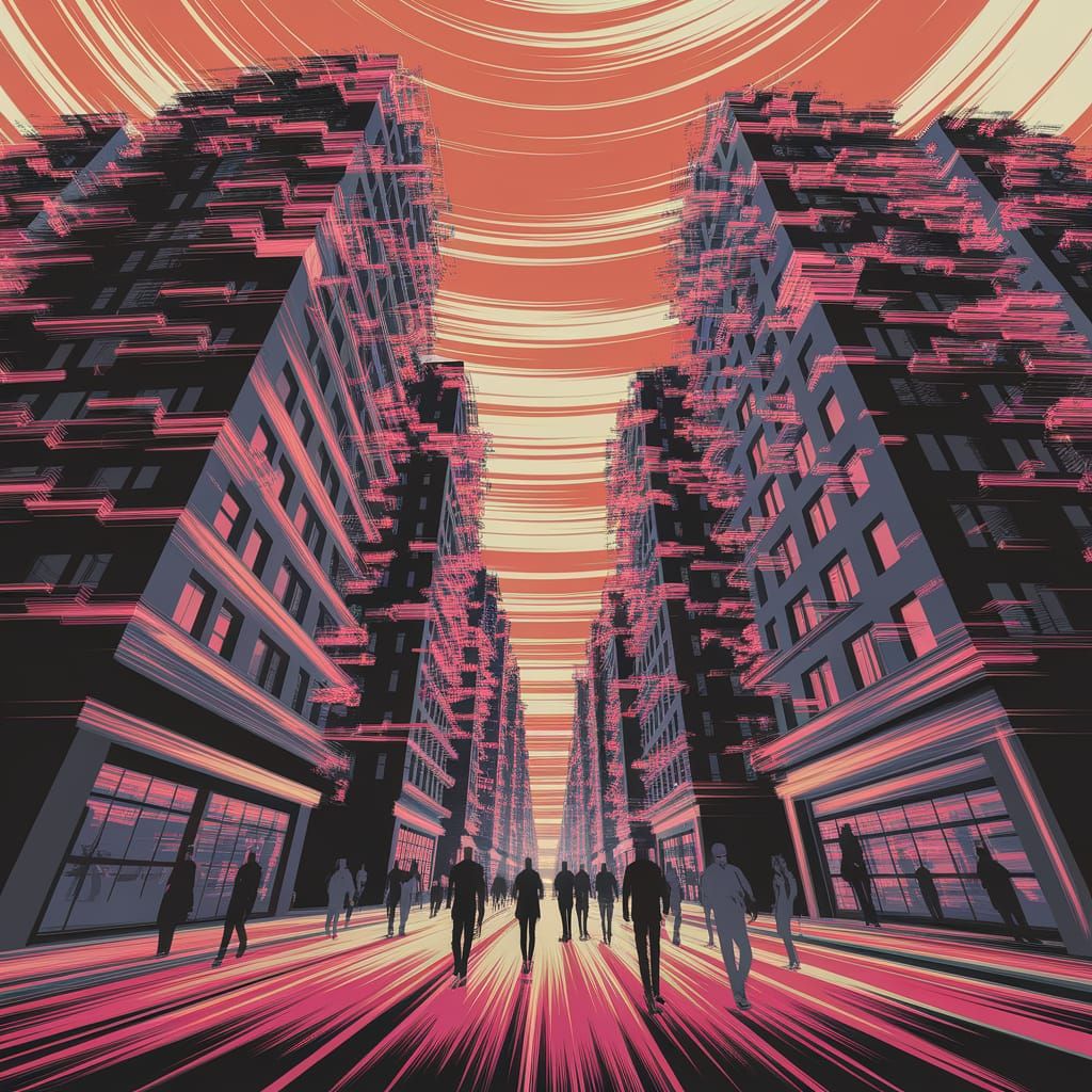 Vibrant Glitchcore Cityscape in Expressionist Style