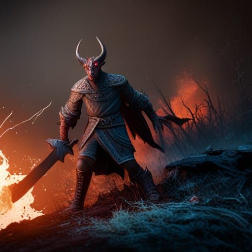 Demonic Warrior in Medieval Battle Scene