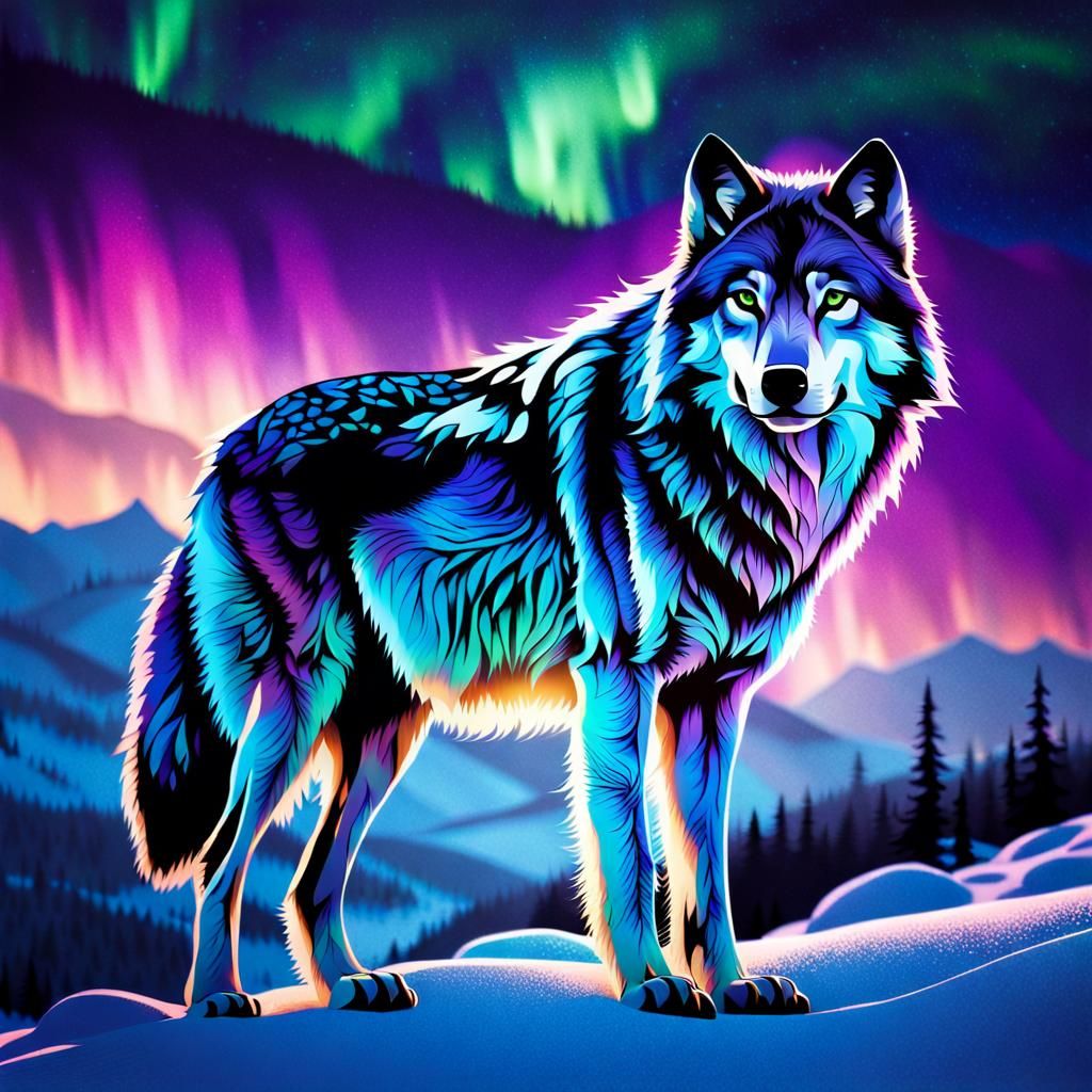 Aurora Wolf in Winter Mountains: Hyperrealistic Wildlife Pho...