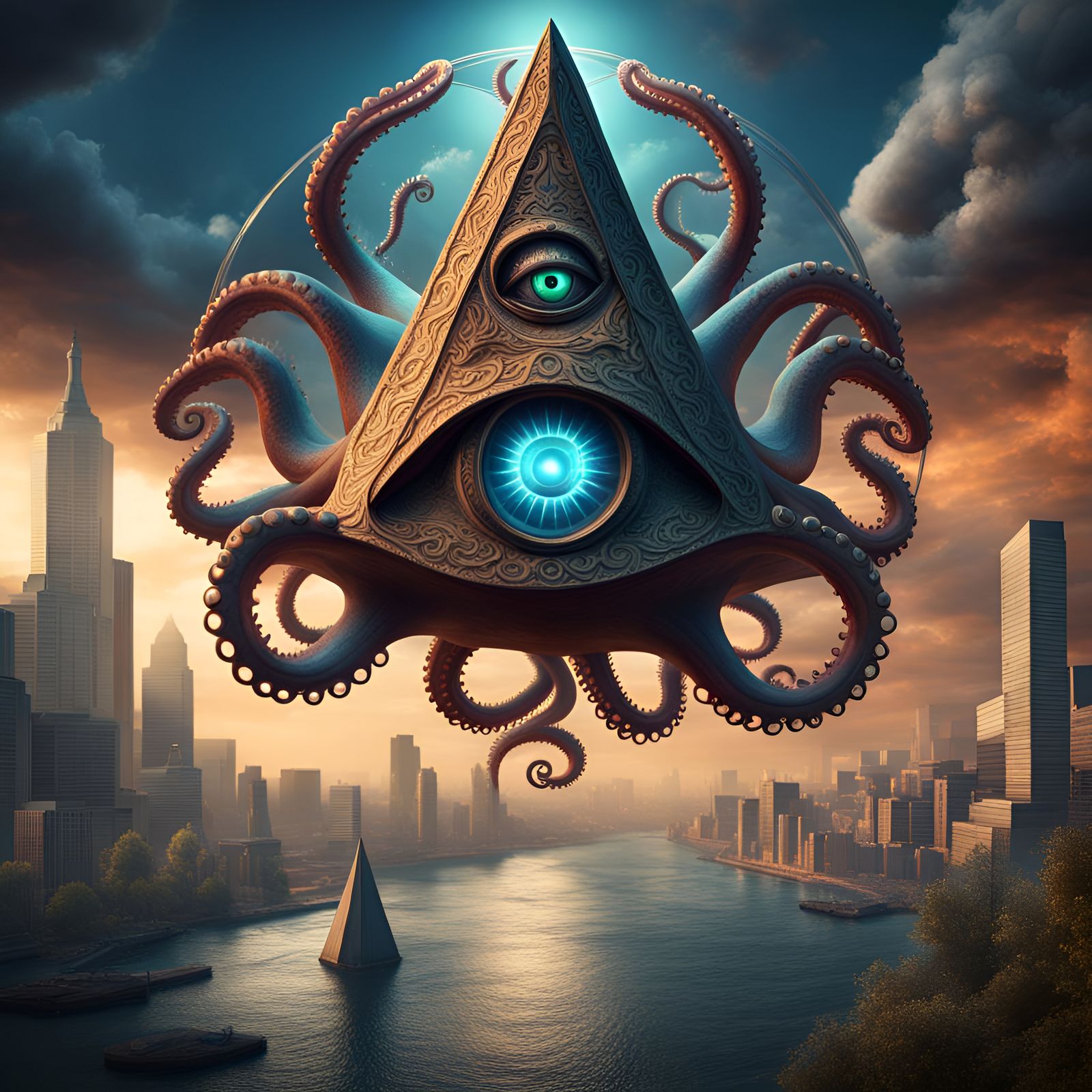 Surreal Illuminati Octopus Eye: Detailed Matte Painting
