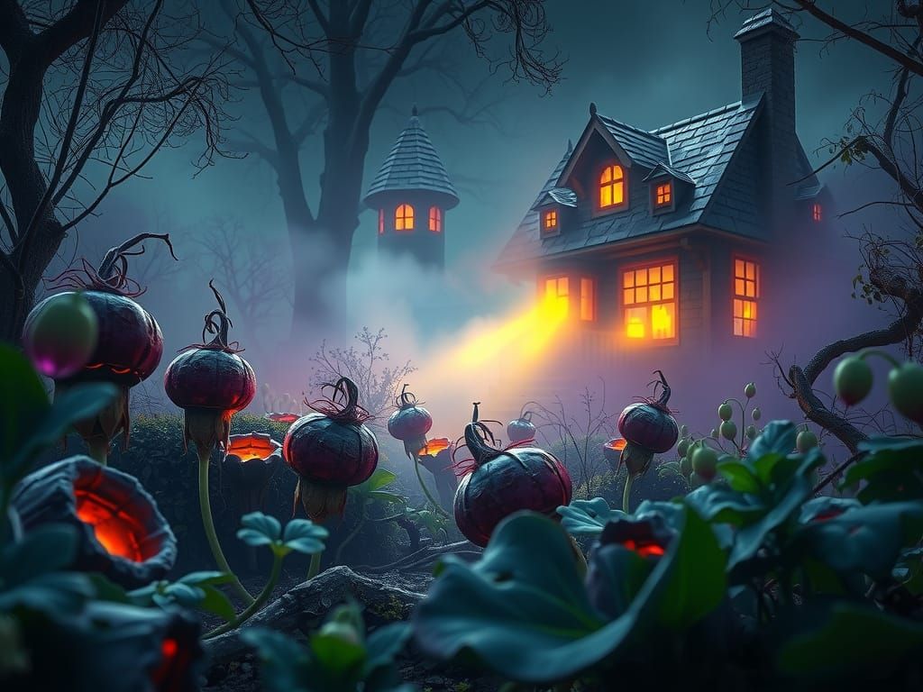 Eerie Fog Garden with Decaying Vegetables