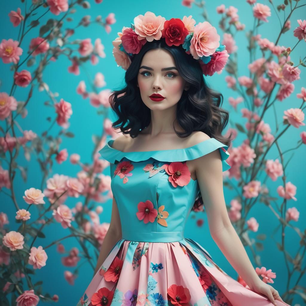 Woman in Pink and Blue Dress with Flower Crown