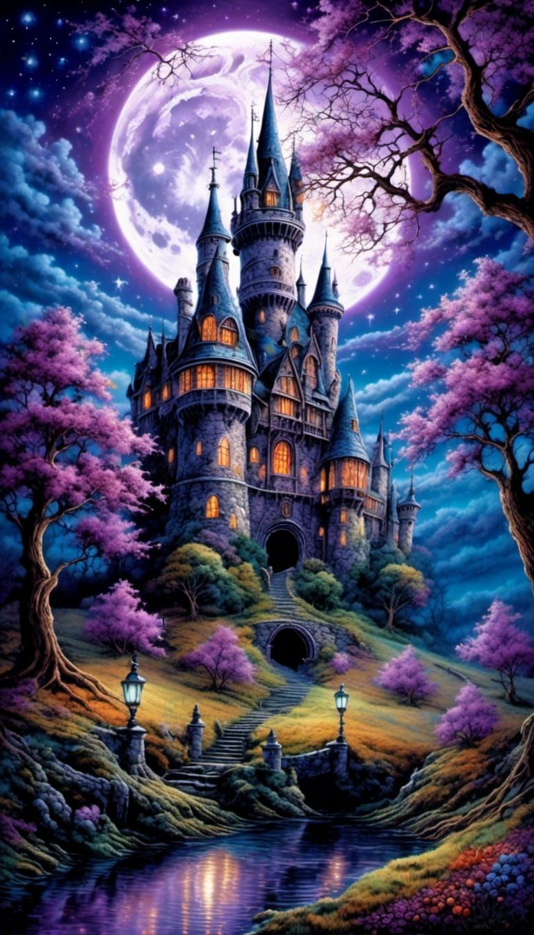 Gothic Castle in Watercolor with Twinkling Stars