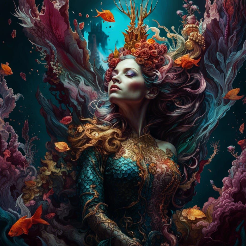 Mermaid Queen in Inkblot Style