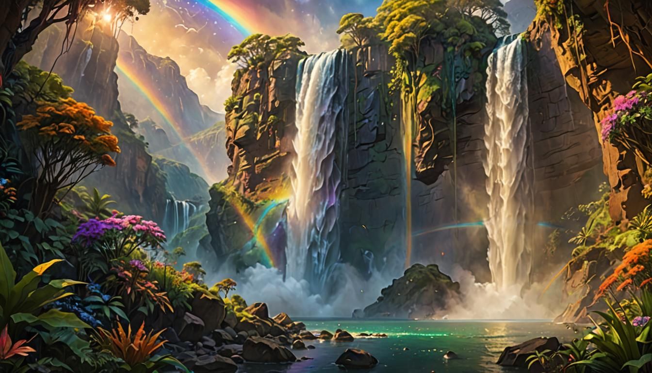 Rainbow Waterfall on Alien Planet in Golden Light