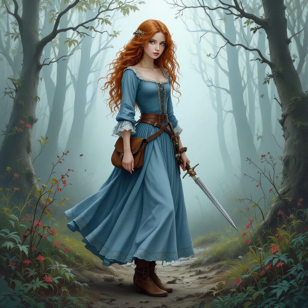 Auburn-Haired Girl with Dagger in Misty Forest