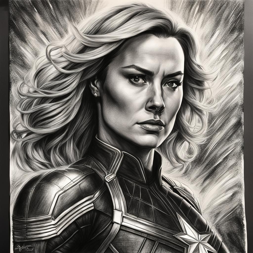 Hyperdetailed Charcoal Drawing of Captain Marvel