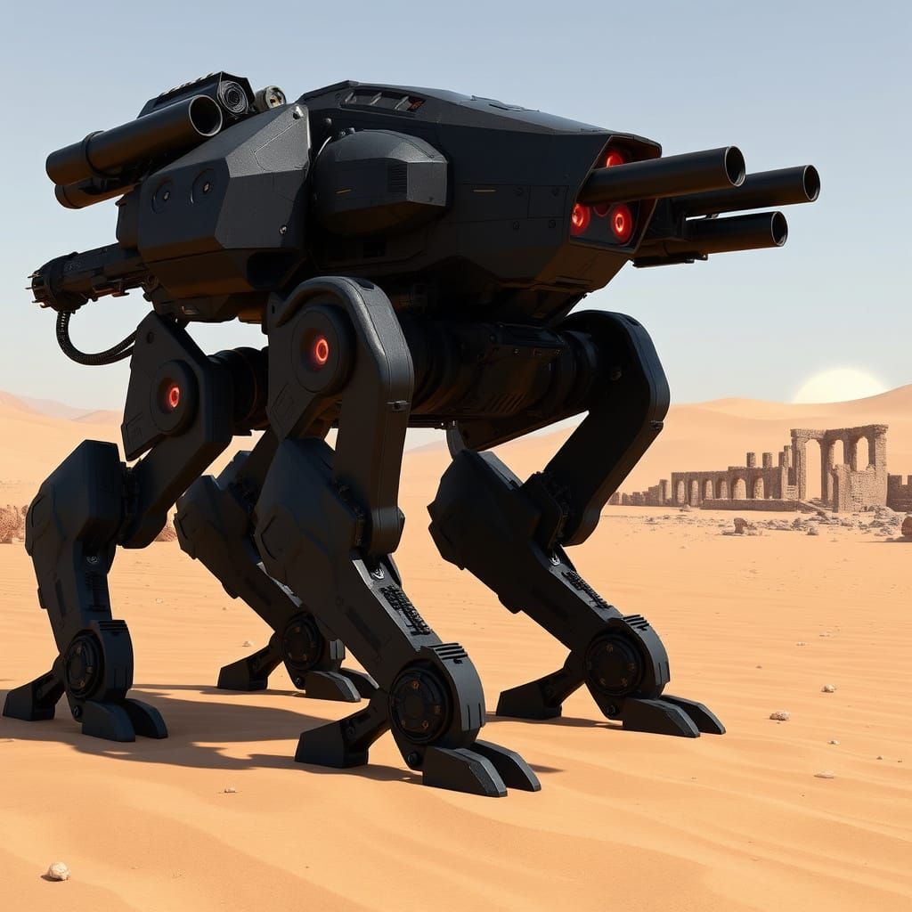 Futuristic Quadrupedal Battle Droid in Desert Landscape