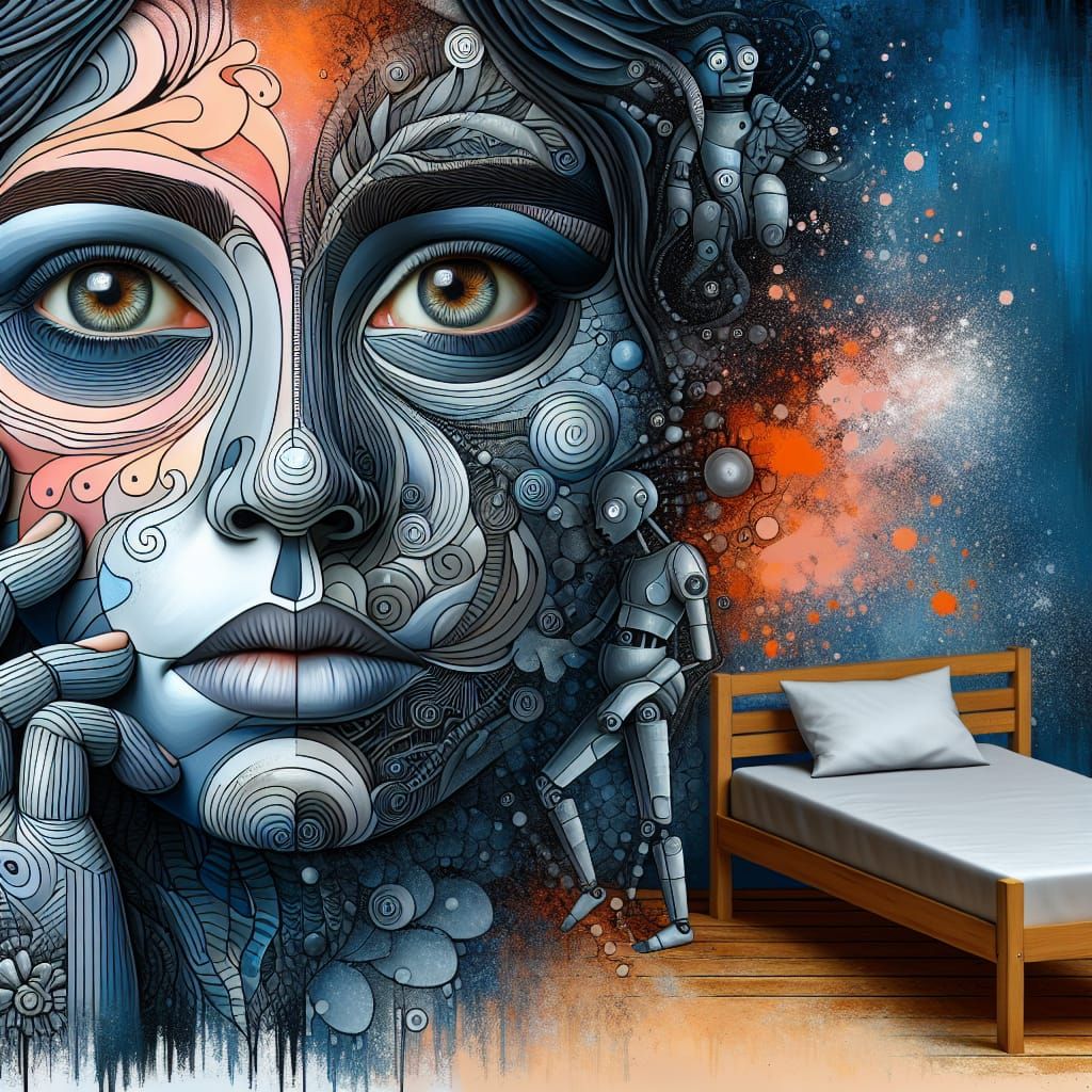 Stylized Portrait of a Woman with Robot Bed, Expressive Eyes...