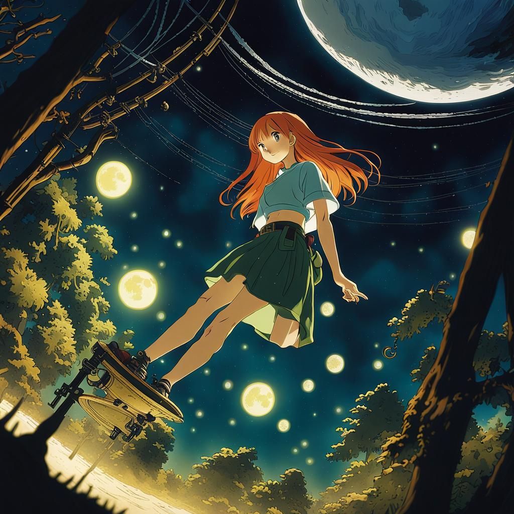 Anime Girl Climbing on the Moon in Shinkai Style
