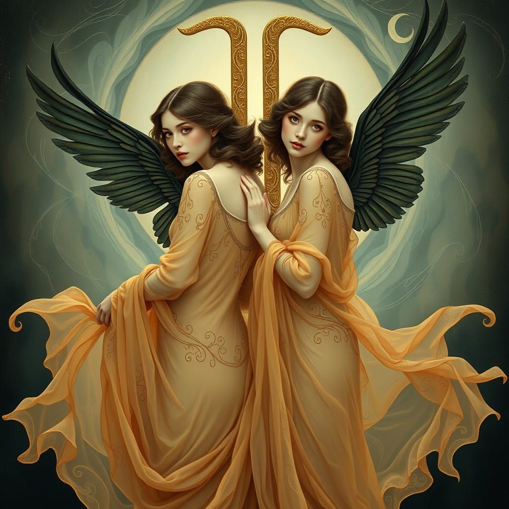 Mystical Twin Sisters with Raven Wings in Art Nouveau Style