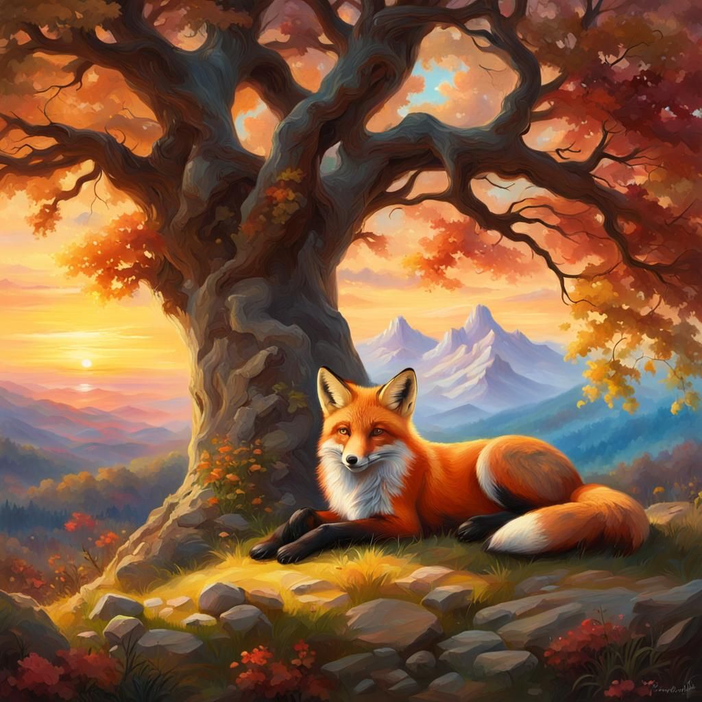 Fox Resting at Sunset: Oil Painting Masterpiece