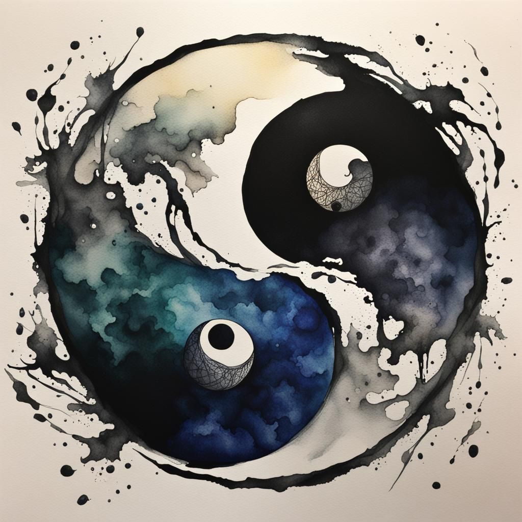 Yin Yang in Ink and Watercolor Style
