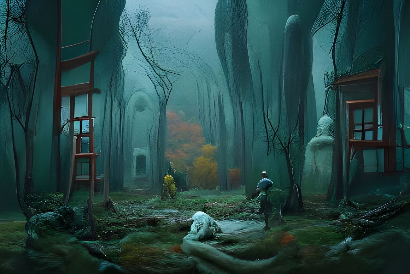 Eerie Green Haunted Forest with Ghost in Romantic Style