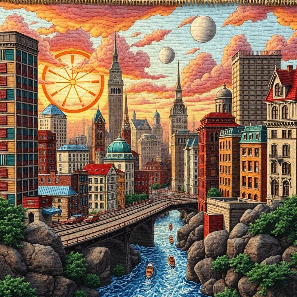 Whimsical Floating Cityscape in Dreamlike Tapestry Style