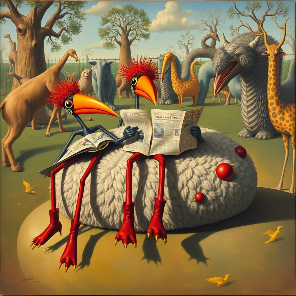 Surreal Zoo Scene: Masked Birds Eat Cake in Dalí-esque Style