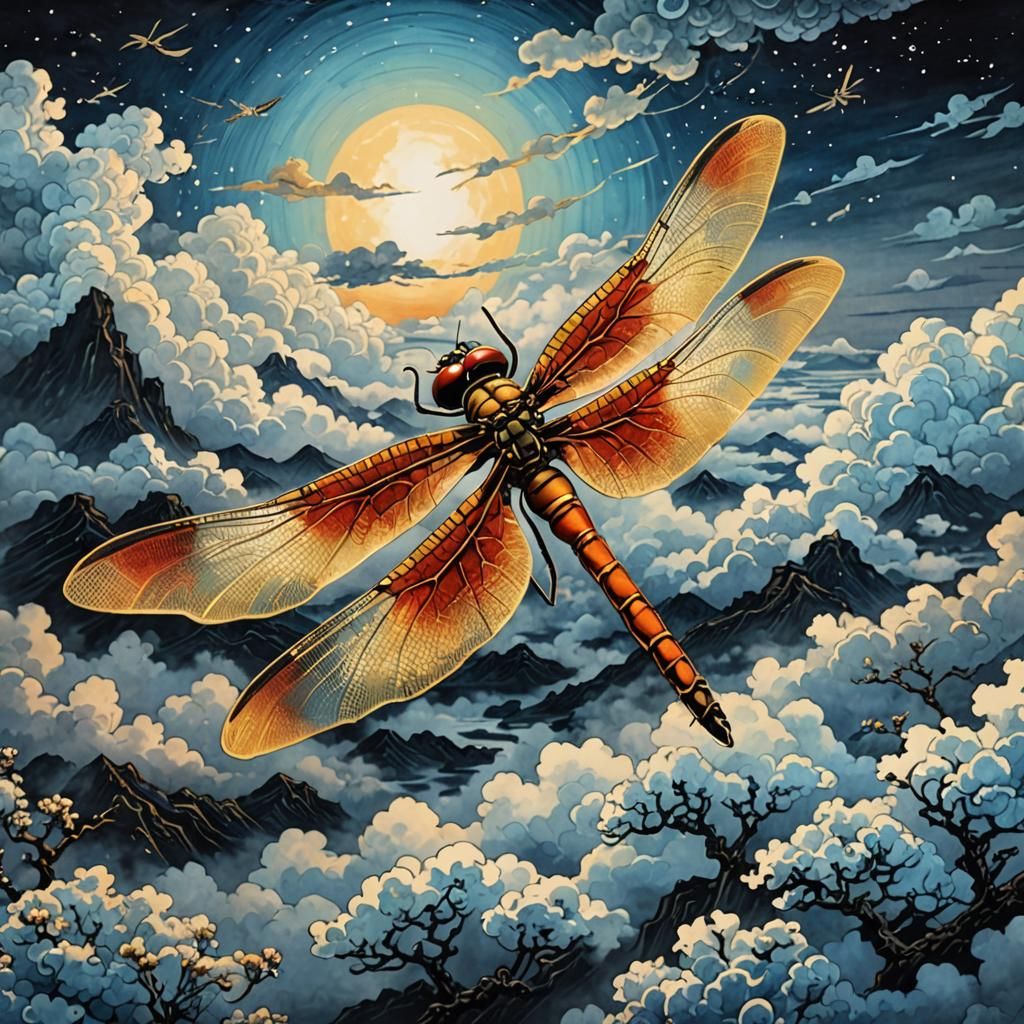 Ethereal Dragonfly Over Clouds in Ukiyo-e Style