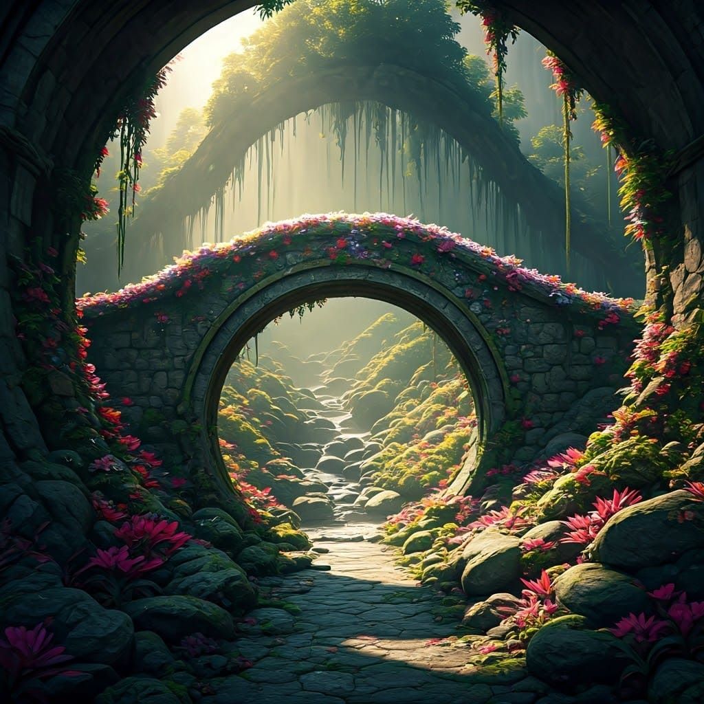 Epic Stone Bridge in Hypermaximalist Forest Landscape