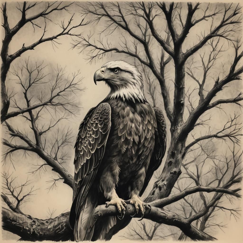 Eagle in Tree: Charcoal Drawing