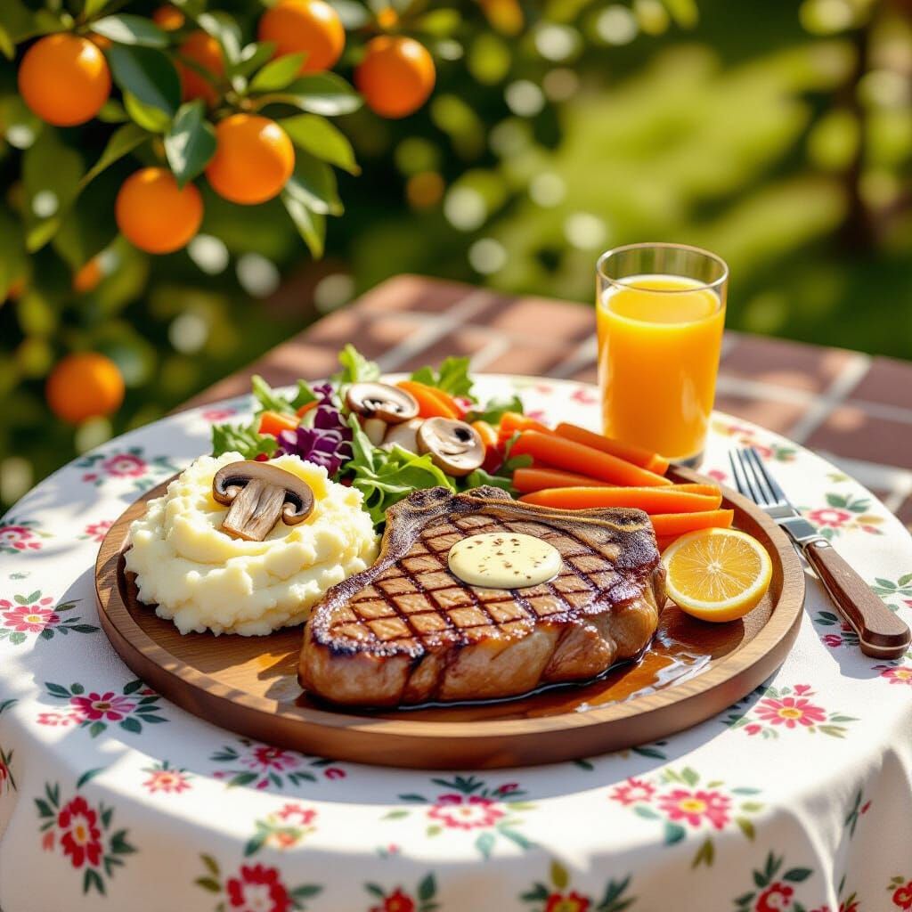 Photorealistic T-Bone Steak Meal on Victorian Tablecloth