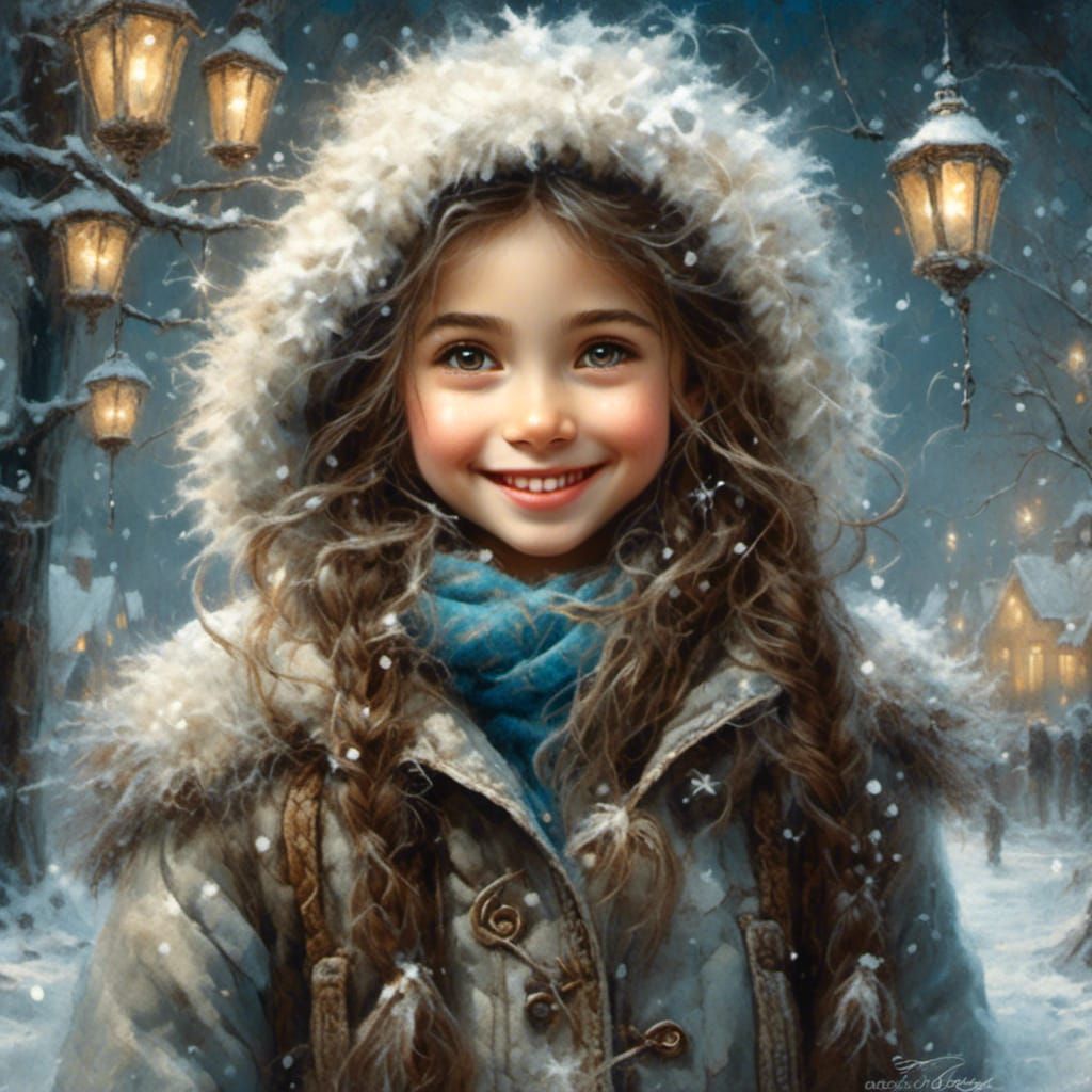 Girl and Labrador in Snowy Fantasy Landscape