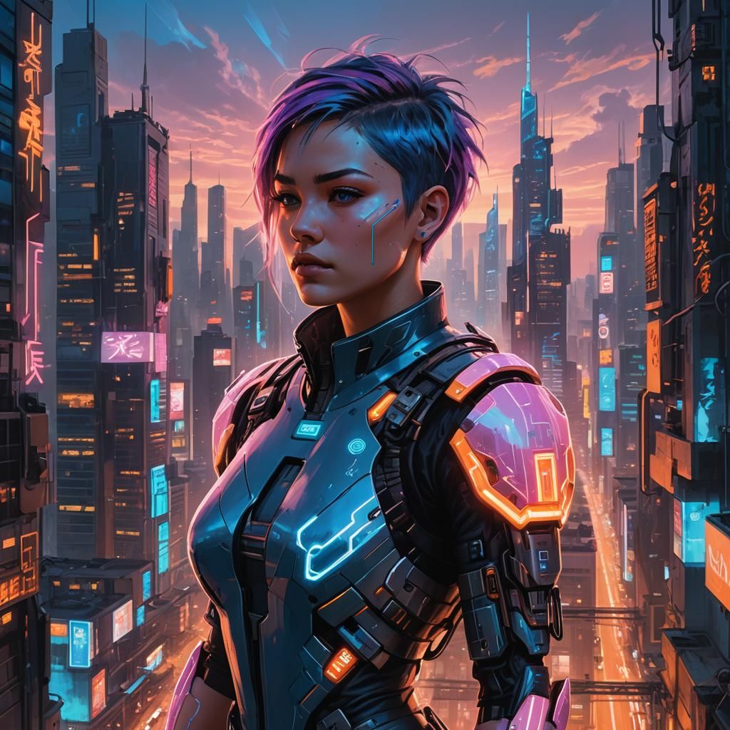 Cyberpunk Girl with Glowing Circuits in Neon Cityscape